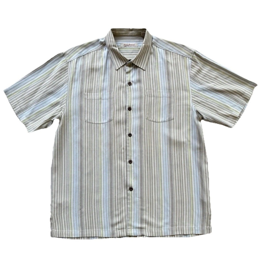 Tommy Bahama Shirt Men's Large Tan 100% Silk Coastal Breeze Button up‎ Stripped